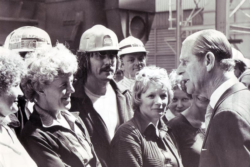 The Duke of Edinburgh chats to workers on a visit to the  new BSC Stainless Works in Sheffield - July 1978
