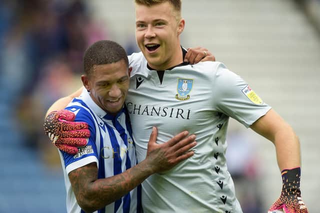 Sheffield Wednesday's Bailey Peacock-Farrell celebrates with Liam Palmer. (Pic Steve Ellis)