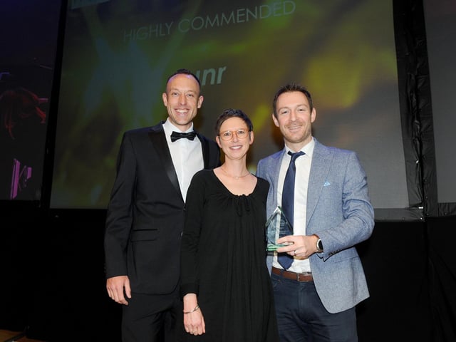 Martina Battisti, professor of Innovation Management and Entrepreneurship from sponsor University of Portsmouth, with Runr who were highly commended for the Small Business of the Year Award.
 (210220-8394)