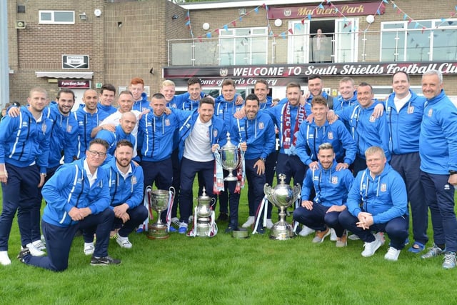 The South Shields squad with the FA Vase and the three other trophies the Mariners won that season.