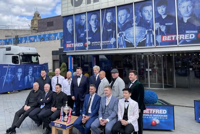Some of the world's top 16 players gather outside The Crucible ahead of the 2022 World Championship.