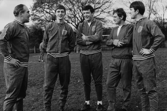 10th December 1968 - England manager Sir Alf Ramsey talks with Alan Clarke, Cyril Knowles, Len Badger and Howard Kendall.  (Photo by Jim Gray/Keystone/Getty Images)