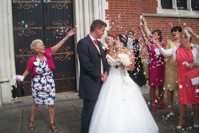 Joe Were and Sophie Gardner on their wedding day 4th August 2012 outside St John's Cathedral in Portsmouth.