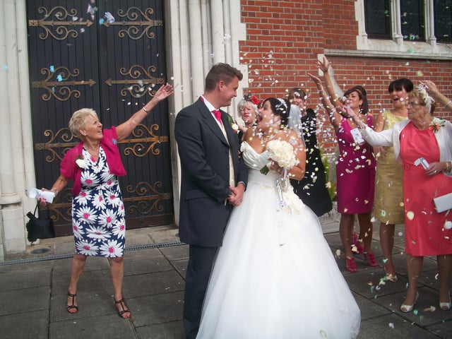 Joe Were and Sophie Gardner on their wedding day 4th August 2012 outside St John's Cathedral in Portsmouth.