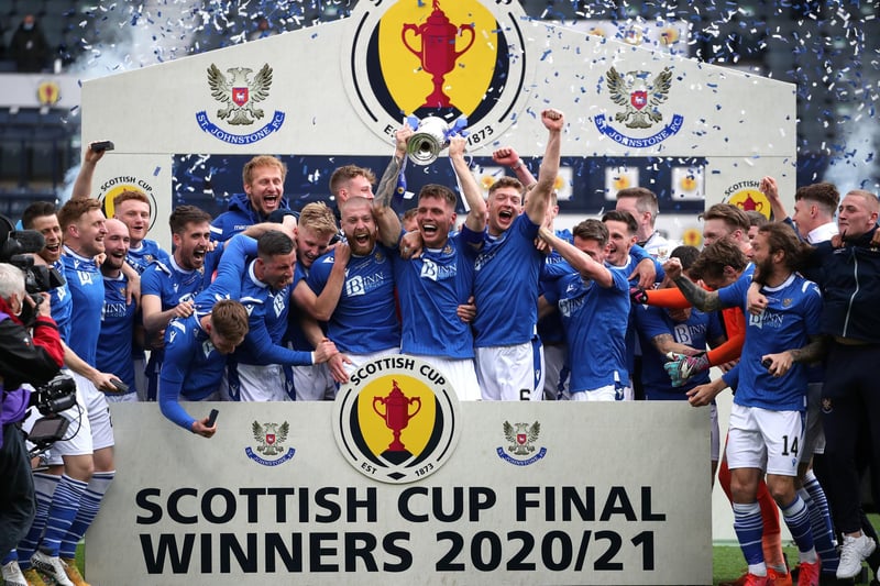 St Johnstone's Jason Kerr lifts the trophy and celebrates with the rest of the team after the final whistle during the Scottish Cup final match at Hampden Park, Glasgow