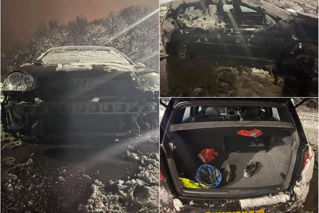 A car abandoned in the snow just off Junction 35 of the M1 , near Chapeltown, was destroyed by thieves yesterday