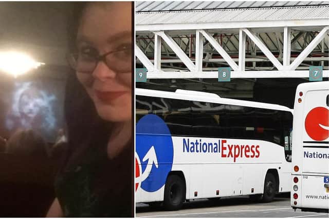 (Left) Kat Davies, from Barnsley has sounded a warning to other female passengers travelling alone after her ordeal on a late-night coach (Right) National Express coached parked at London Victoria Coach Station (ADRIAN DENNIS/AFP via Getty Images)