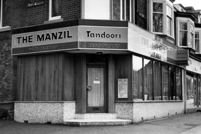 The Manzil Indian restaurant on Ecclesall Road, Sharrow, Sheffield, at the junction with Cemetery Avenue, in November 1979