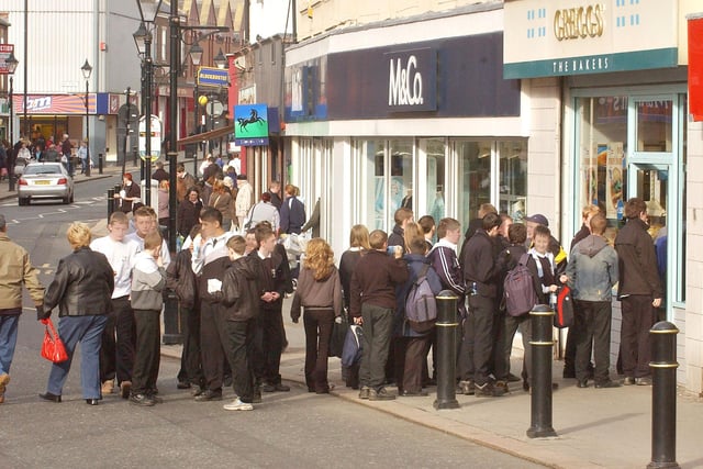 Queues outside Greggs in Newbottle Street in Houghton 14 years ago.