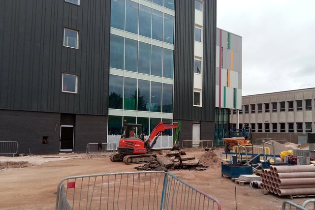 Workmen on the site of the Doncaster University Technical College, viewed from College Road