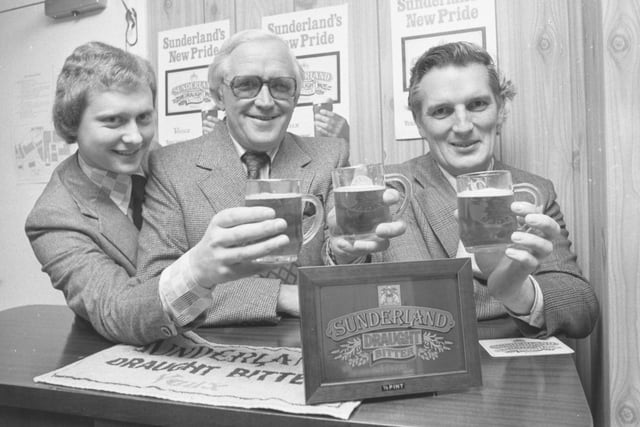 David Travers, product manager at Vaux; Peter Heyward, marketing director; and head brewer Ian Dickson with Sunderland's very own beer, Sunderland Draught Bitter.  Remember this from 1977?
