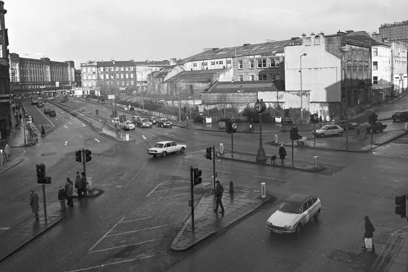 The gap site at Earl Grey Street/Lauriston Place, in the Tollcross area of Edinburgh, January 1984.