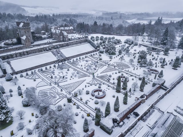Snow covered Drummond Castle Gardens, Perthshire