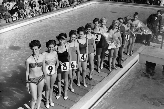 Competitors line up at North Berwick swimming pool for the Dispatch Aqua-show and Beauty Show contest in August 1962.