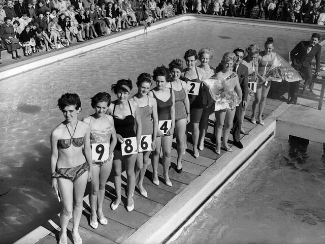 Competitors line up at North Berwick swimming pool for the Dispatch Aqua-show and Beauty Show contest in August 1962.