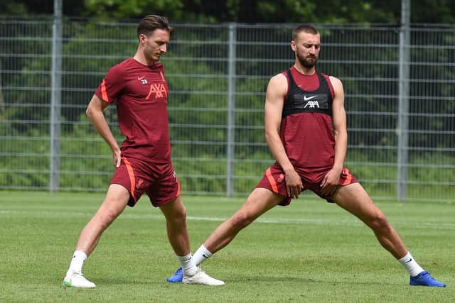 Ben Davies, now on loan at Sheffield United, and Nathaniel Phillips of Liverpool during a training session on July 15, 2021. (Photo by John Powell/Liverpool FC via Getty Images)
