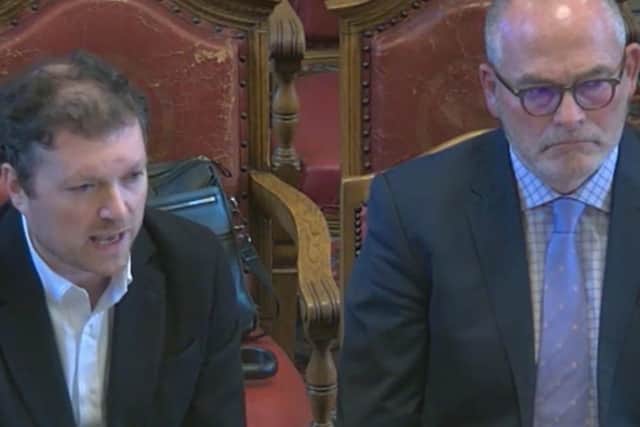 Dominic Madden, left, and his solicitor-advocate Paddy Whur at a licensing hearing by Sheffield City Council's licensing sub-committee. Mr Madden's company owns the freehold of the Leadmill venue building. Picture: Sheffield Council webcast
