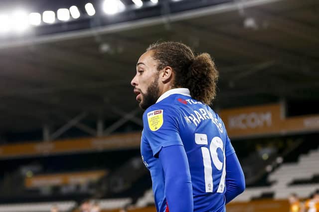 Marcus Harness of Portsmouth during the Sky Bet League One match between Hull City and Portsmouth at KC Stadium on December 18th 2020 in Hull, England. (Photo by Daniel Chesterton/phcimages.com)