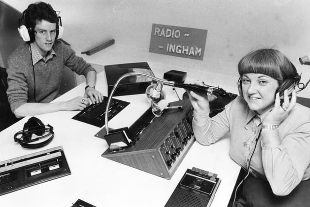 Eleanor Minikin, who DJs the Tuesday night request show and Paul Keenan who runs a sports programme in the new studio at Radio Ingham, pictured in 1979.