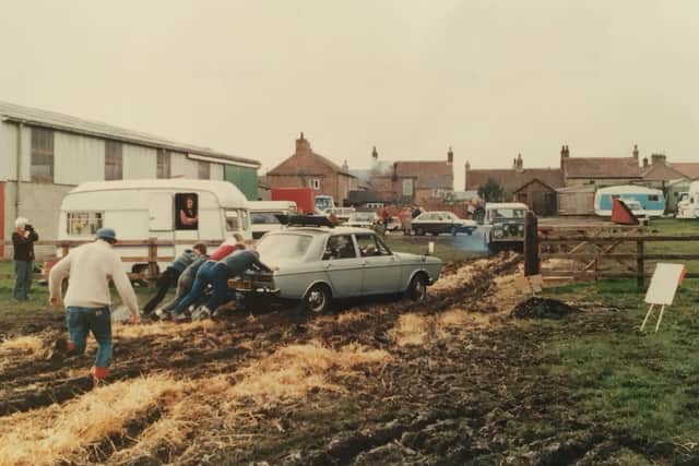 Cars struggled with boggy ground at a campsite in Great Ouseburn near York in 1985