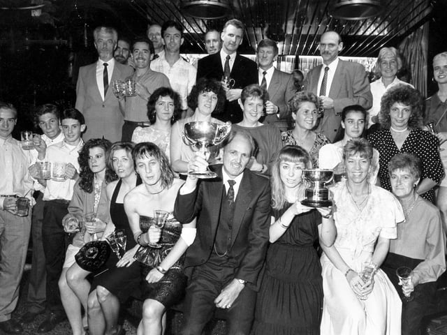 Star Walk presentations at Josephine's, Sheffield, June 5, 1990. The prize winners are pictured after the presentations, with, centre, men's and women's winners, Philip Ward and Gillian Watson