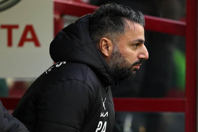 Poya Asbaghi, Manager of Barnsley looks on during the Emirates FA Cup Third Round match between Barnsley and Barrow AFC at Oakwell Stadium on January 08, 2022 in Barnsley, England. (Photo by Cameron Smith/Getty Images)