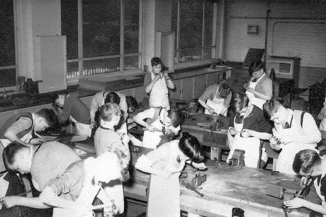 A metalwork class in 1955 at High Storrs Grammar School, Sheffield