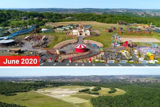 Gulliver's Valley theme park now and in 2018, before work on the £37 million resort started (pic: Gulliver's Theme Park Resorts)
