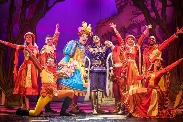 Nurse Nellie (Damian Williams) the Prince (Dominic Sibanda), Jangles (Ben Thornton) and the chorus in Sheffield Lyceum Theatre pantomime Sleeping Beauty