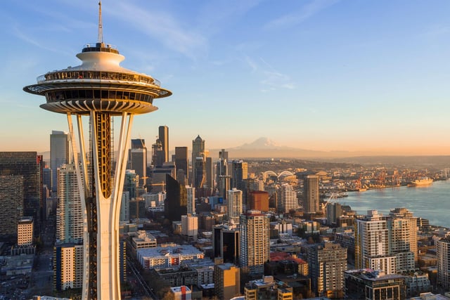 Seattle is a major city in the north-west of the USA. Pictured is the iconic and futuristic space needle. It is surrounded by water, mountains and evergreen forests with acres of parkland. The population of Seattle is 787,995, which is roughly only 47,000 more than the steel city.