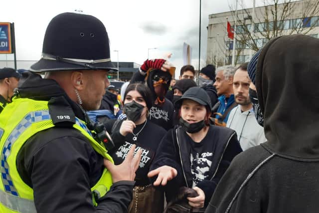 Police and protesters in Manvers, Rotherham, where anti-fascism protesters and anti-immigration demonstrators staged rival rallies on Saturday, February 18 near a hotel housing asylum seekers