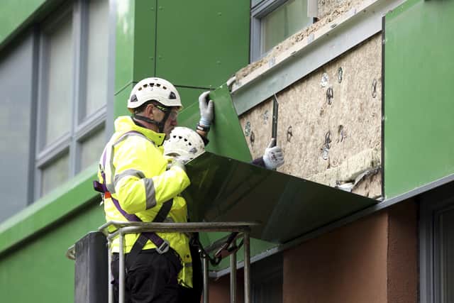 Cladding on the Hanover Tower block in Sheffield, South Yorkshire, is taken down after it failed a fire safety test. Sheffield Council said a single element of covering on the Hanover tower block in Exeter Drive, Broomhall, failed the inspection. June 27, 2017