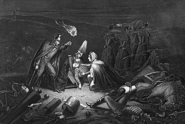 An engraving of an illustration of Florence Nightingale tending to the wounded on the battlefield of the Alma on the night after the battle in the Crimean War in September 1854