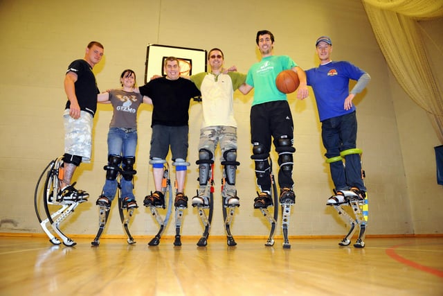 2009. Bockers, spring loaded stilts worn by a group who will be holding a powerball event to raise money for Children in Need at the St Lukes Community Sports Hall.
L-R John Simkins 22 , Katy Turgoose 22 , Rob Cowie 27 , Dan Martin 20 , Ian Jamieson 21 , Ben Crouch 33.
Picture: Paul Jacobs (093798-9)