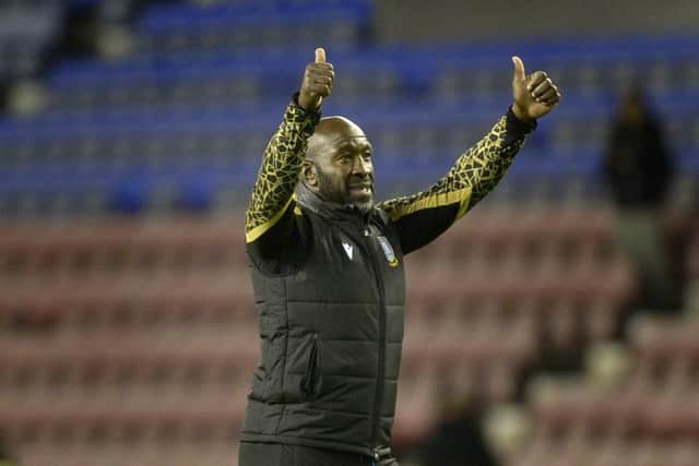 Victory thumbs up from Owls Manager Darren Moore   Pic Steve Ellis