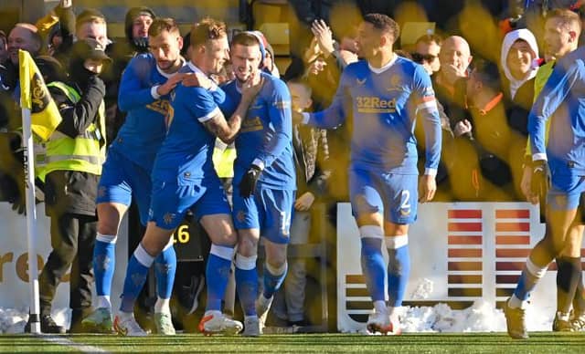 Rangers squad celebrating after making it 1-0 during a Cinch Premiership match between Livingston and Rangers at Toni Macaroni Arena, on November 28, 2021, in Livingston, Scotland. (Photo by Rob Casey / SNS Group)