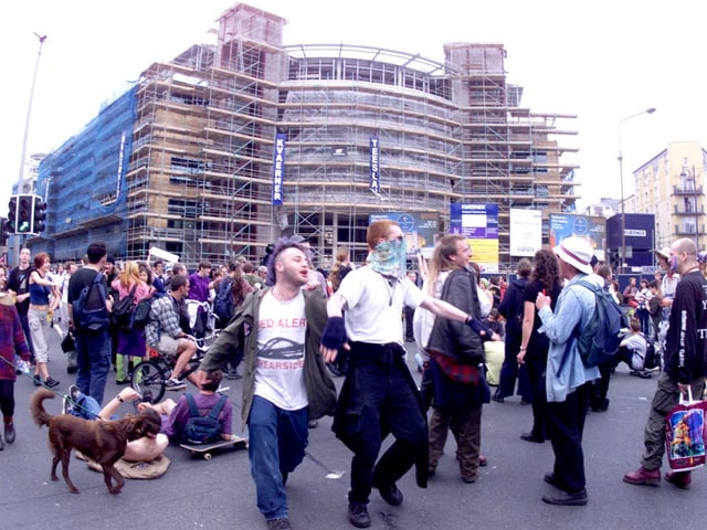 The 'Reclaim the Streets' anti-capitalism demo hits Tollcross, 17 June 2000.
