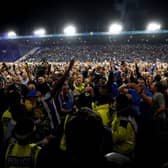 Sheffield Wednesday fans celebrate on the pitch after the Sky Bet League One play-off semi-final second leg. (Nick Potts)