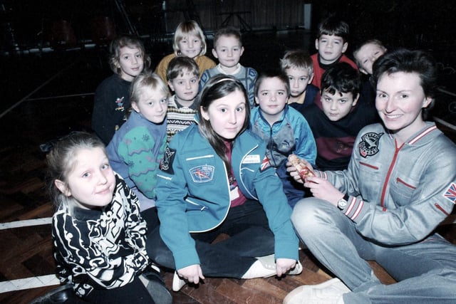 Sheffield's Helen Sharman, the first British astronaut to travel into space as part of the Juno project, is pictured here with pupils at Gleadless School, January 26, 1993