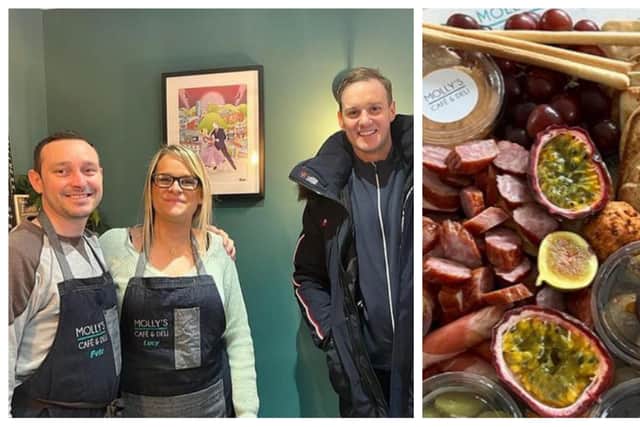 Dan Walker with some of the team at Molly's Cafe and Deli in Hillsborough, Sheffield, and the cheese and meat platter he bought there (pic: Dan Walker/Instagram)