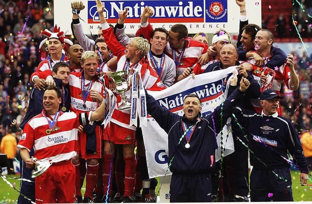 Doncaster Rovers celebrate promotion to the Football League in 2003 after beating Dagenham & Redbridge in the Conference play-off final.