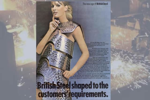 Victoria Nixon in the 1969 advert wearing the original steel dress promoting innovative uses for British Steel