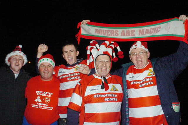 Rovers fans (l-r) Dave Duffy, Ged Byrne, Ryan Byrne, all of Woodlands, Keith Pinder, of Kirk Sandall, and Jim Duffy, of Woodlands