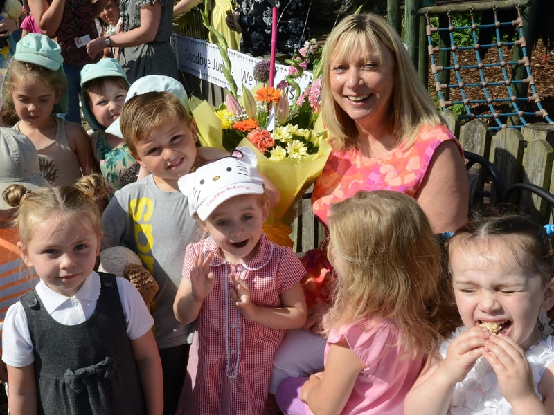 Retiring as head teacher at Pennywell Early Years Centre, Sunderland was Judy Donnelly in 2014 and she was pictured here receiving gifts from children at their annual teddy bears picnic.