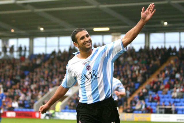 Jack Lester celebrates after scoring his penalty to put the Spireites in the lead at Shrewsbury in October 2007.
