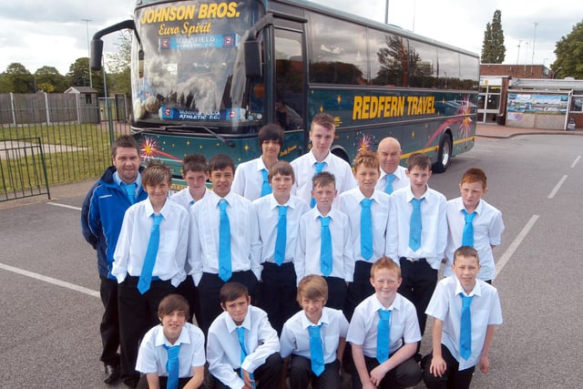 Mansfield Athletic U13's team pictured before setting off for the Easter ad Spring Festival of Football held at Butlins over the weekend.  Johnson Brothers supplied the bus and driver by way of sponsorship in 2011