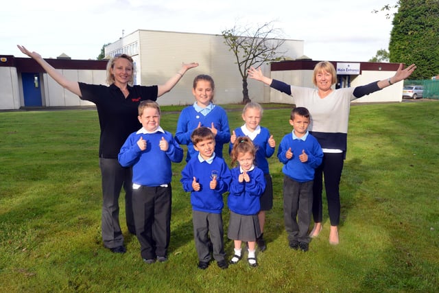 Another view of the Hetton Primary School garden upgrade 5 years ago. Pictured are Kat Nicholson from the Foundation of Light Kat Nicholson and headteacher Ann Mary Burns with the students.