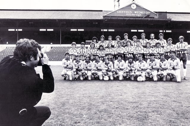 The Wednesday squad poses for the camera during the club's press day at Hillsborough in July 1979.