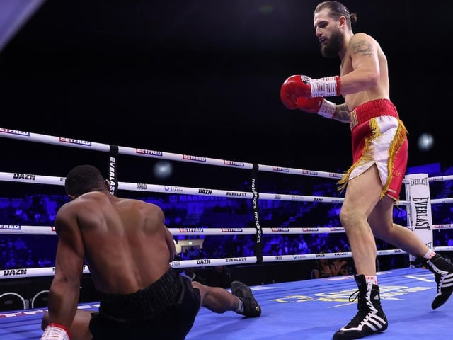 Liam Cameron floors Hussein Itaba. Picture: Mark Robinson/Matchroom Boxing