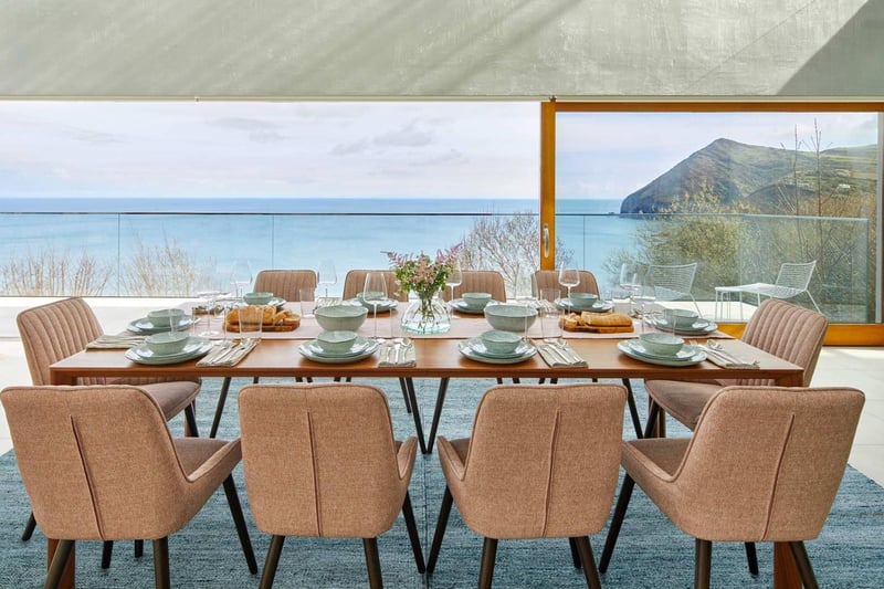 The dining room looks out over panoramic sea views.